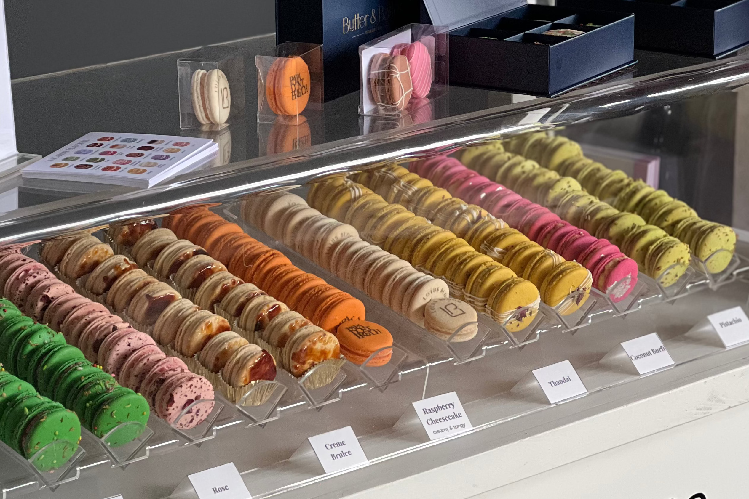 macarons displayed in a display